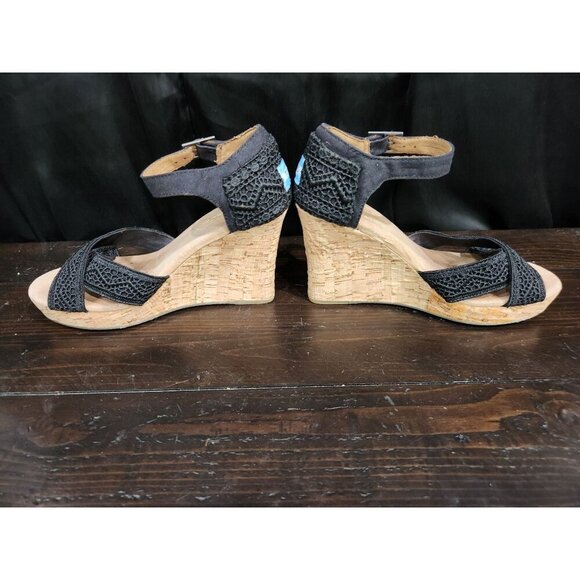 Toms Sienna Black Crochet Criss-Cross Cork Wedge Sandal/Sz. 9M - Picture 2 of 8